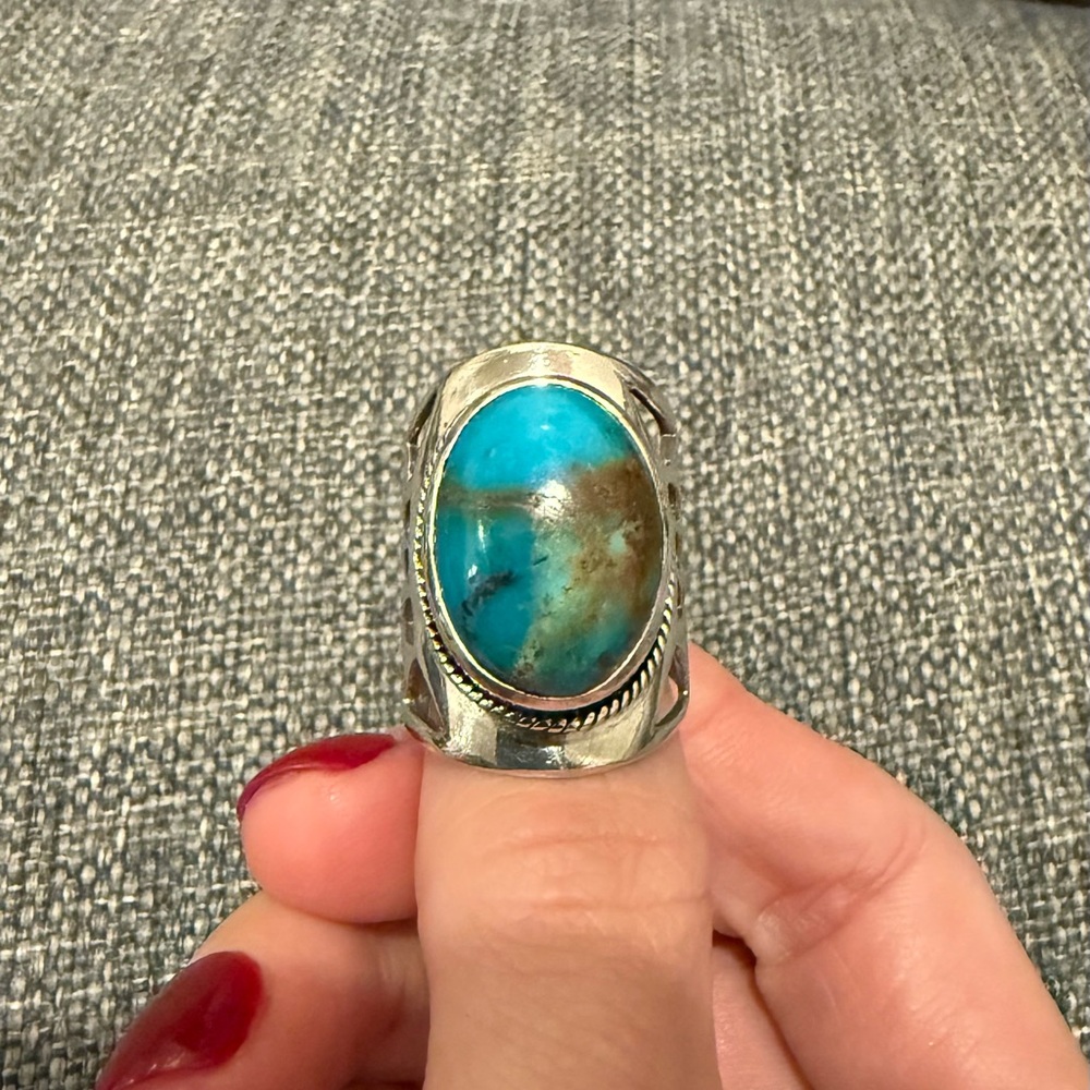SJ 925 Turquoise Sterling Silver Openwork Geometric Pattern Band Sz 5.5